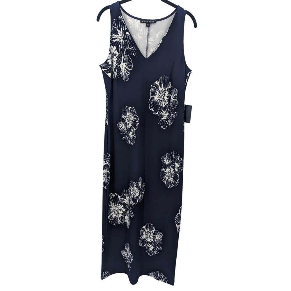 Boston Proper Dress‎ Womens Small Navy Blue Floral Sleeveless V-Neck Midi Slinky